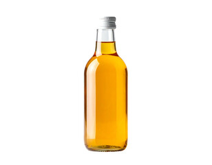 Glass bottle of golden liquid isolated on a white background studio shot.