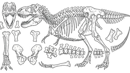 Illustration of a dinosaur skeleton with labeled bones. Detailed T-Rex bones, including skull, ribs, spine, and limbs, highlighted in black and white line art. © SHAMIM