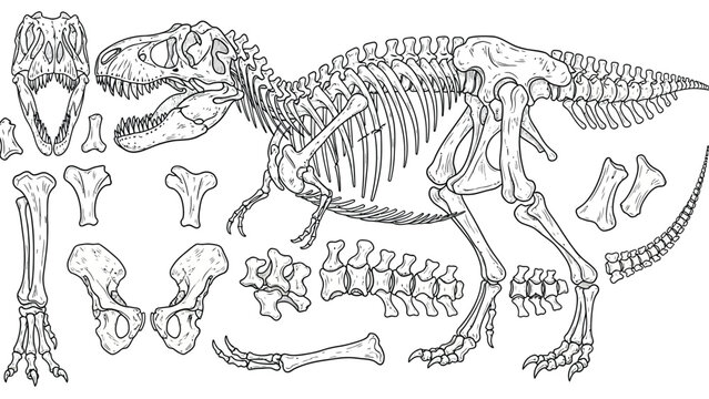 Illustration of a dinosaur skeleton with labeled bones. Detailed T-Rex bones, including skull, ribs, spine, and limbs, highlighted in black and white line art.
