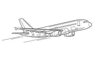 Line drawing of an airplane in flight, with streamlined body, detailed wings, and engines visible. The sketch suggests movement and speed against a blank backdrop. © SHAMIM