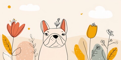 Dog is standing in front of a field of flowers