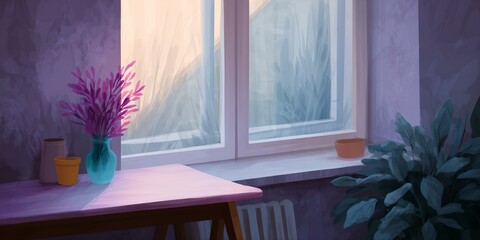 Window with a vase of purple flowers on a table