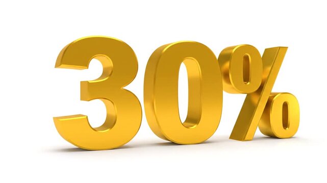 Golden 3D thirty percent discount sign on white background