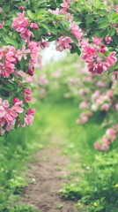 Path through a field of pink flowers