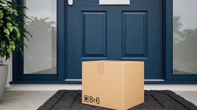 Brown cardboard parcel box on a doormat outside a blue front door with glass panels, nobody
