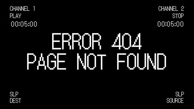 Error 404 page on screen against black background. Suitable for website, technology, internet, and digital concept designs and projects.