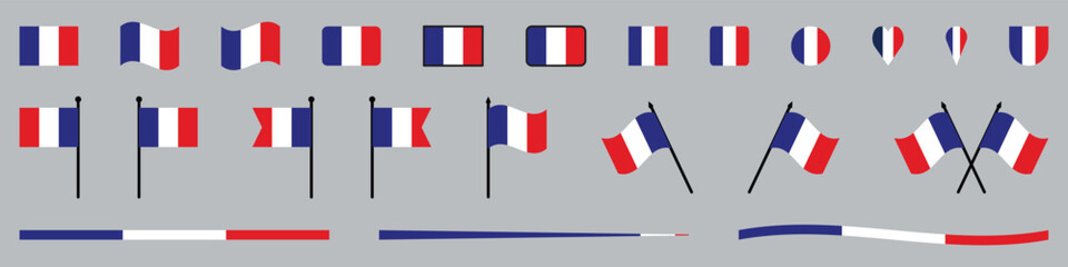 French Flag Icons Collection in Multiple Shapes National Tricolor Vector Illustration Set. © Matiar Rahman