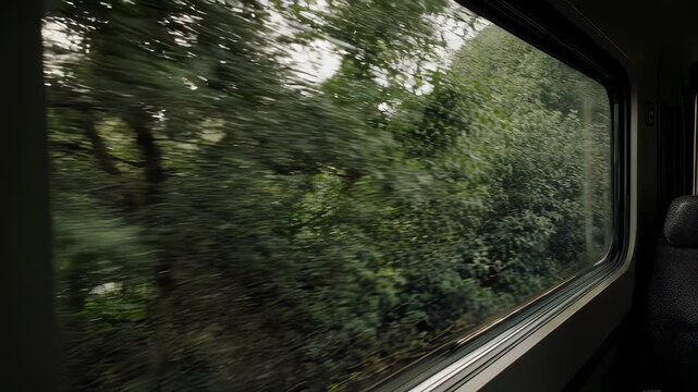 View of blurred green foliage from a moving train window