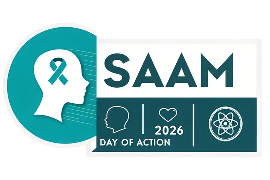 Awareness campaign graphic design promoting the 2026 SAAM Day of Action emphasizing mental health awareness through symbolic ribbon and scientific icons for advocacy purposes