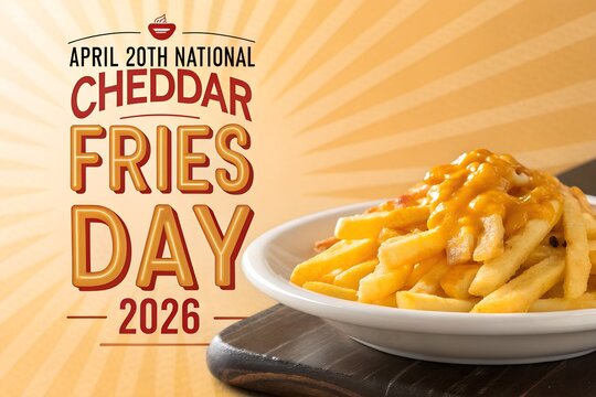 Celebrate National Cheddar Fries Day on April 20th 2026 with a delicious serving of savory, golden French fries generously smothered in rich, melted, creamy orange cheddar cheese sauce ready to eat.