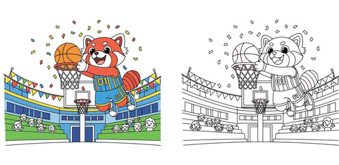 Cute red panda mascot slam dunking basketball in stadium, coloring book page vector illustration. © MdAbdul
