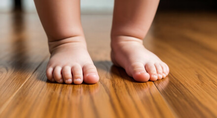 Baby feet on hardwood floor symbolizing first steps and growth