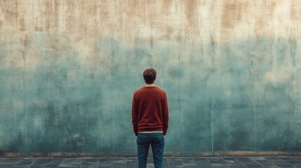 Fototapeta premium Man facing large textured wall, contemplating
