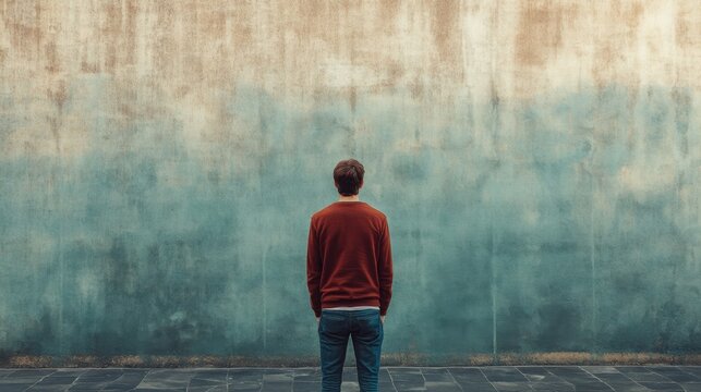 Man facing large textured wall, contemplating