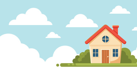 Naklejka premium Simple cartoon illustration of a cozy house with a red roof under a blue sky with fluffy clouds, with copy space.