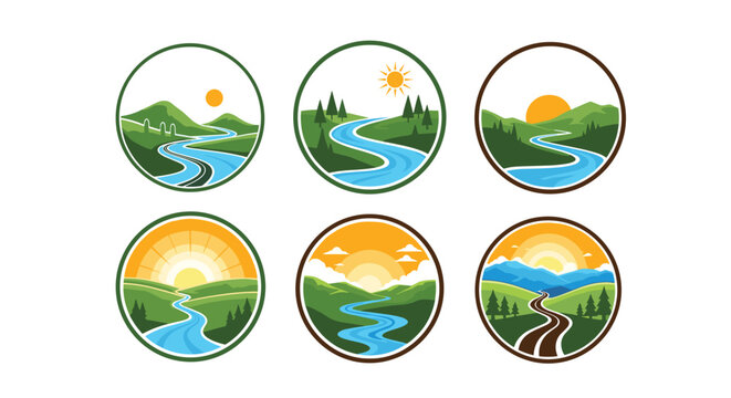 Collection of six circular landscape logos featuring a winding river or road through green hills towards the bright sun.