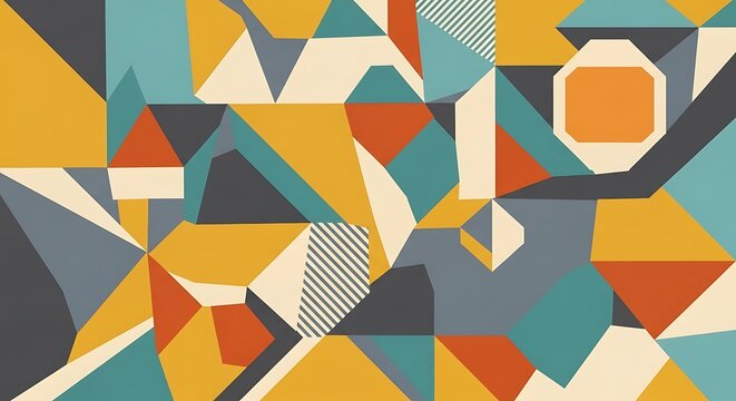 Geometric abstract composition with colorful shapes and patterns