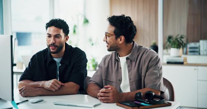 Talking, handshake or men with computer in office, software development or teamwork for project success. Tech, speaking or happy people celebrate for system upgrade, prototype or programme approval
