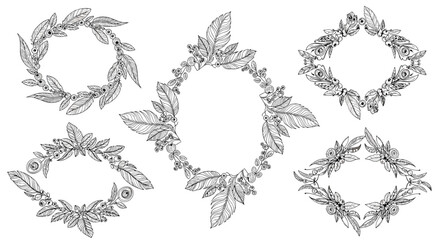 Obraz premium A set of beautiful and intricate hand-drawn floral and leafy wreaths in various shapes, perfect for vintage-style designs.