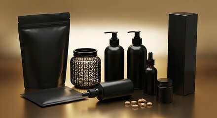 Fototapeta premium Elegant black packaging and cosmetic bottles arranged on a golden background.