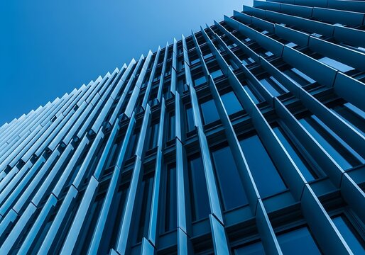 Modern office building facade with sleek, blue-toned, angular architecture, viewed from below against a clear sky, showcasing contemporary urban design and minimalist style