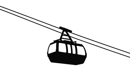 A black silhouette of a cable car suspended on wires against a stark white background creating a minimalist silhouette © jivect02
