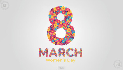 International women's day on march 8th with colorful floral design and text on a light gray background