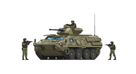 Military personnel in combat gear standing beside and atop a green military tank with armed soldiers on either side on a white background.