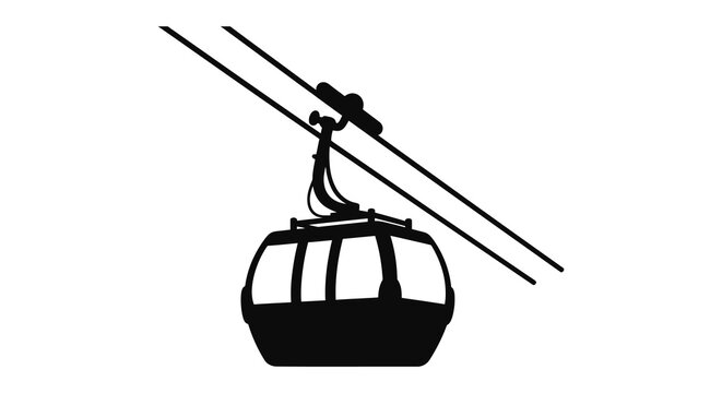 A black silhouette of a cable car suspended from wires against a plain white background silhouette high quality