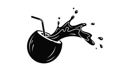 A black silhouette depicts a cracked coconut with a straw liquid splashing upwards in a dynamic composition silhouette