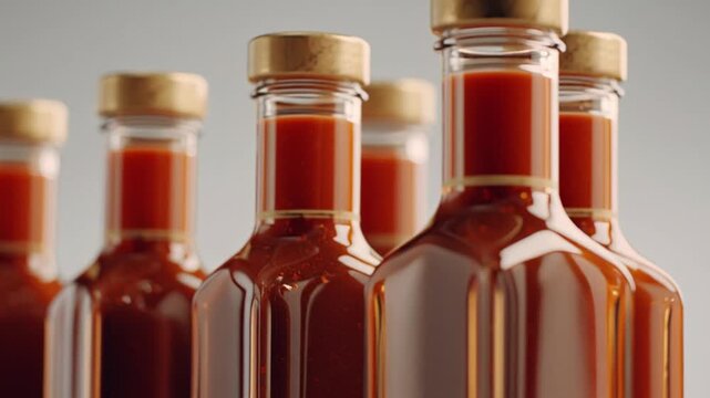 Glass Bottles Filled with Red Sauce and Wooden Caps on Grey Background