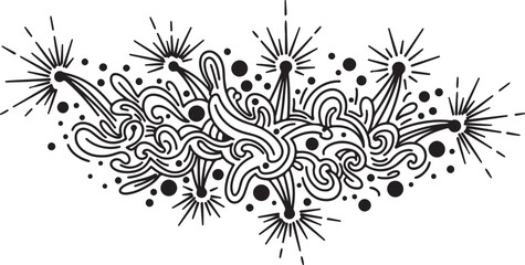Abstract fireworks in doodle art style with black ink on white background for graphic design