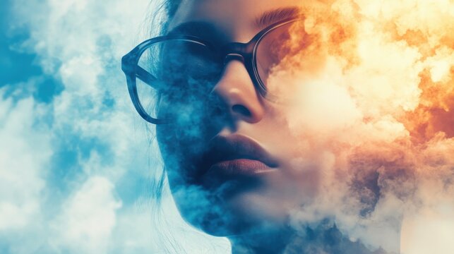 A woman's face subtly blends with a sky of vibrant, contrasting clouds, creating a dreamy, surreal effect