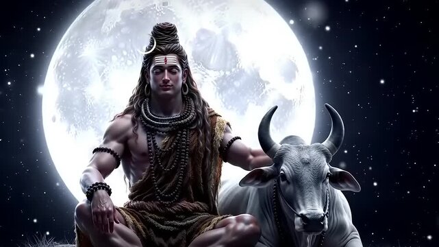 Lord Shiva Meditating Under Full Moon with Nandi Bull.