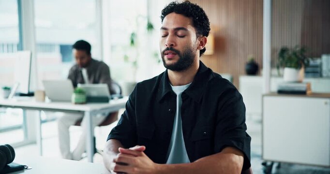 Man, pain and headache in office with computer, digital marketing crisis and fatigue from burnout. Coworking, exhausted person and migraine in advertising agency with desktop, problem and overworked.