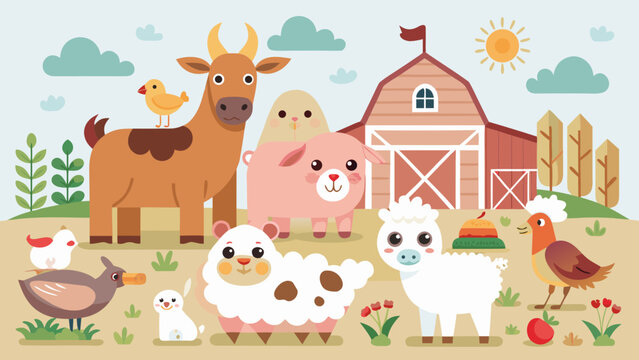 cute cartoon farm animals barnyard scene flat vector illustration design