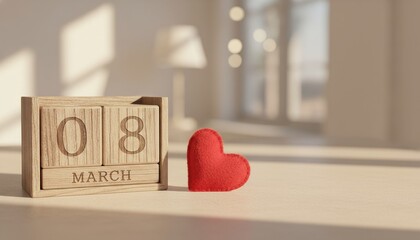 8th march, women's day, international women's day, wooden calendar, red heart, march 8, spring holiday on a wooden table with soft morning sunshine and copy space for text.
