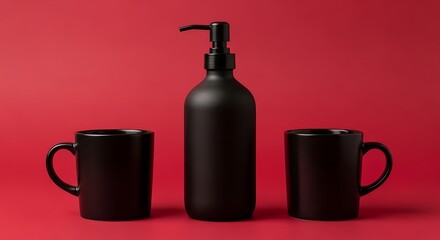 Obraz premium Minimalist Black Soap Dispenser and Mugs on Red Background.