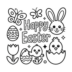 Happy easter doodle art with cute animals and easter egg