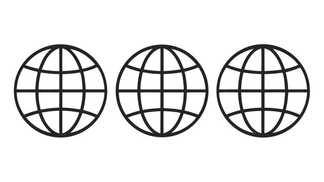 three minimalist black outline globe icons set representing global connectivity internet travel and worldwide communication on white background