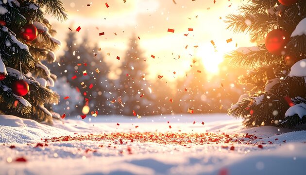 A snowy winter scene shows trees laden with snow and red ornaments as confetti falls, backlit by a bright sun