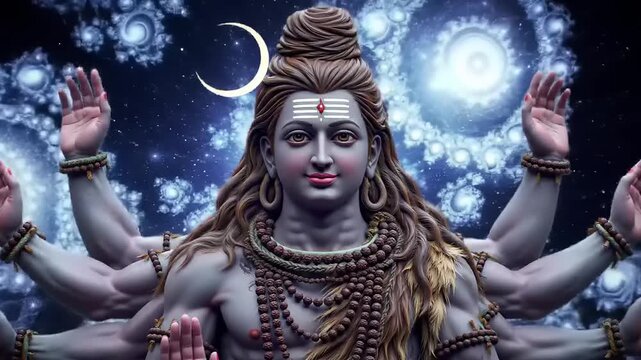 Lord Shiva with multiple arms and crescent moon in cosmic background.