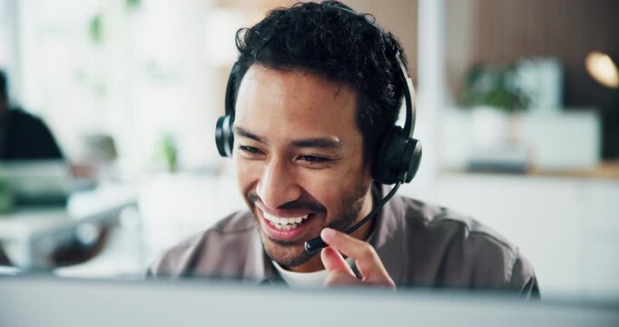 Computer, smile and man in call center for technical support, laugh and customer service. Desktop, person and virtual consultant with headset for IT feedback, funny joke or talking for help desk
