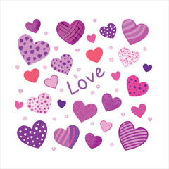 A vibrant collection of hearts and the word love in pink hues