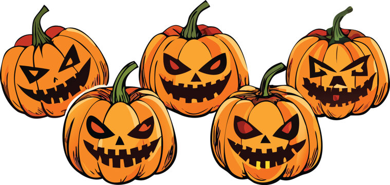 Five orange pumpkins with carved faces are arranged in a playful halloween