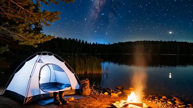 Night Camping by a Calm Lake under a Starry Milky Way Sky with Glowing Tent and Crackling Campfire