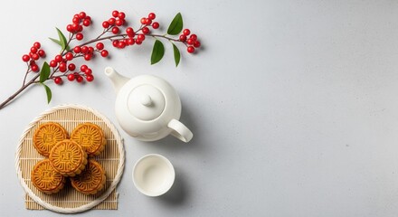 Mid-Autumn Festival Mooncakes with Tea and Berries Flat Lay