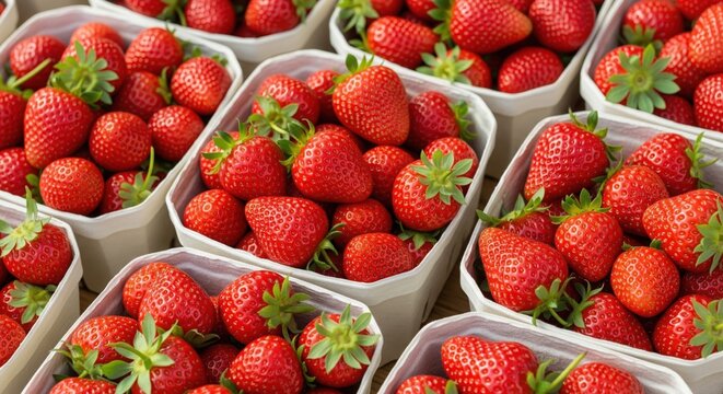 Fresh ripe red strawberries in baskets at farmers market