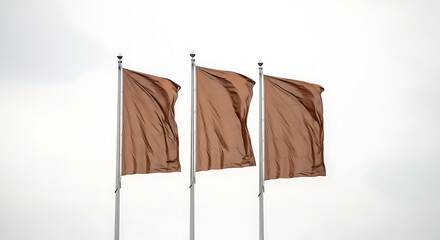 Three brown flags waving in the wind against a bright sky.