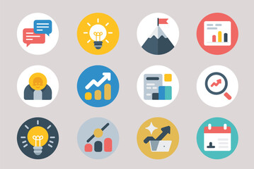 Fototapeta premium Business and marketing flat icons collection, startup strategy and analytics symbols set, modern vector illustration